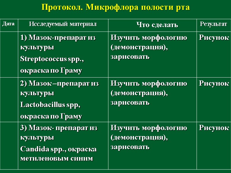 Протокол. Микрофлора полости рта